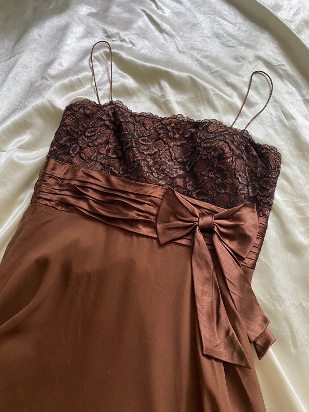 VTG y2k Brown 100% Silk Lace Bow Midi Party Dress Boho Party Size 12